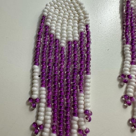 Purple/White Beaded Fringe Earrings Handcrafted - Picture 3 of 4
